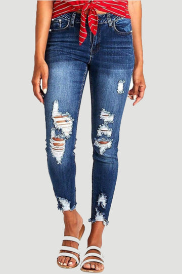 Distressed Raw Hem Slim Jeans