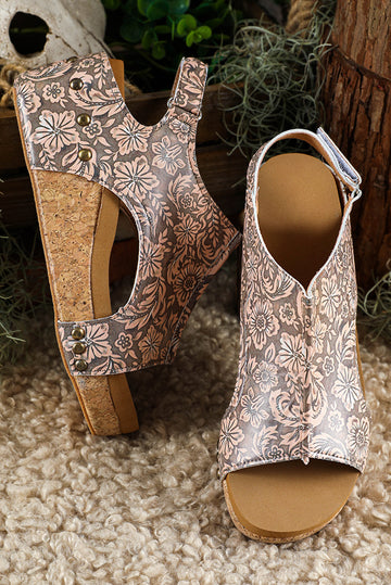 Vintage Floral Leather Rivet Hollowed Platform Sandals
