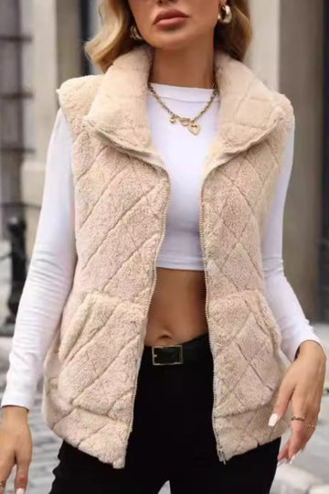 Fuzzy Plaid Texture Zip Up Vest