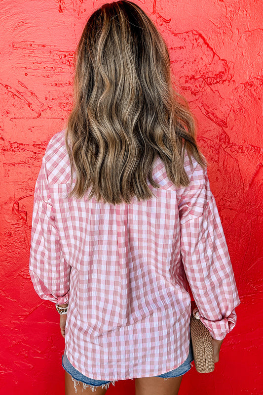 Pink Gingham Print Collared Shirt