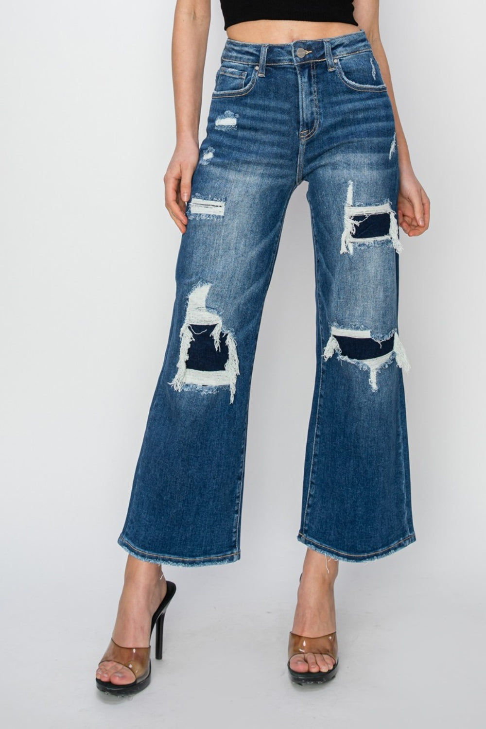 RISEN Patch Detailed Wide Leg Crop Jeans