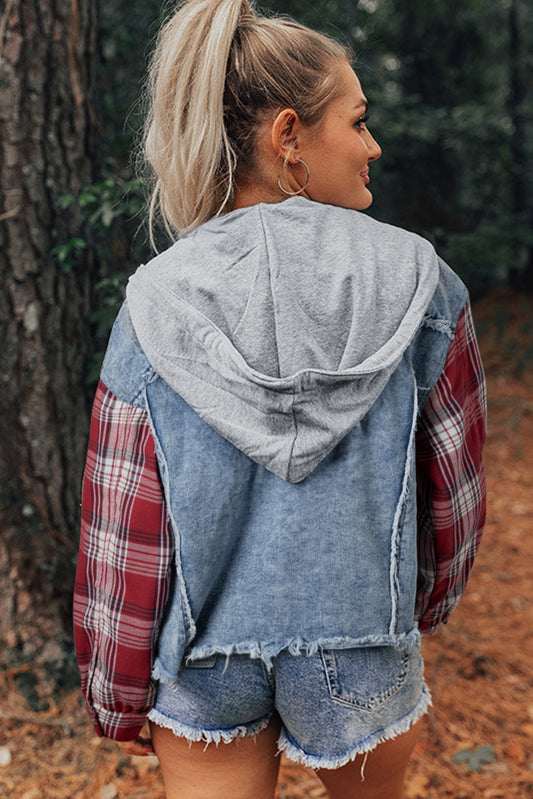 Beau Blue- Plaid Patchwork Hooded Raw Hem Denim Jacket