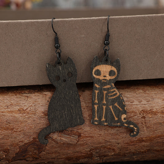 Wooden Cat Dangle Earrings