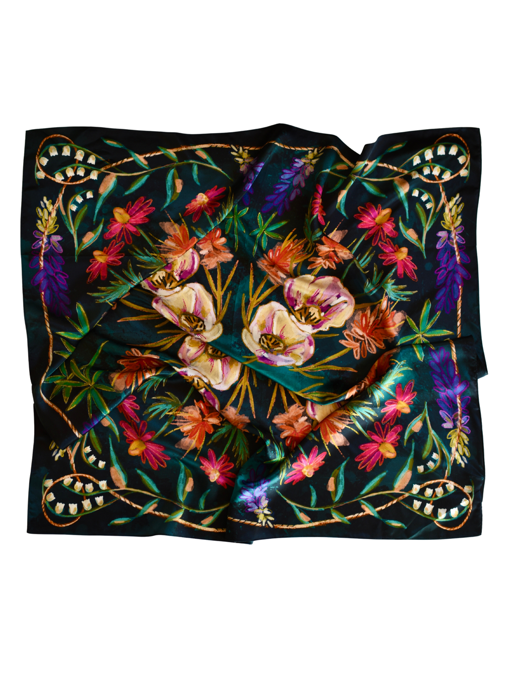 Vivid Wildflowers Large 100% Mulberry Silk 35x35: Western Cowgirl Wild Rag Scarf