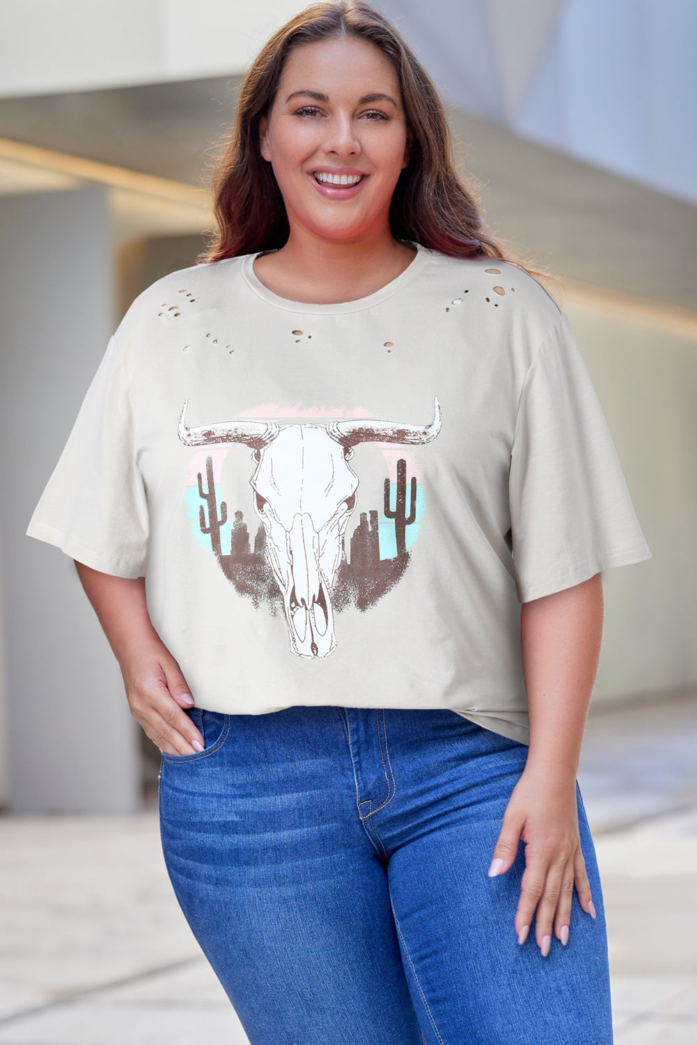 Curvy Longhorn Distressed Tee Shirt