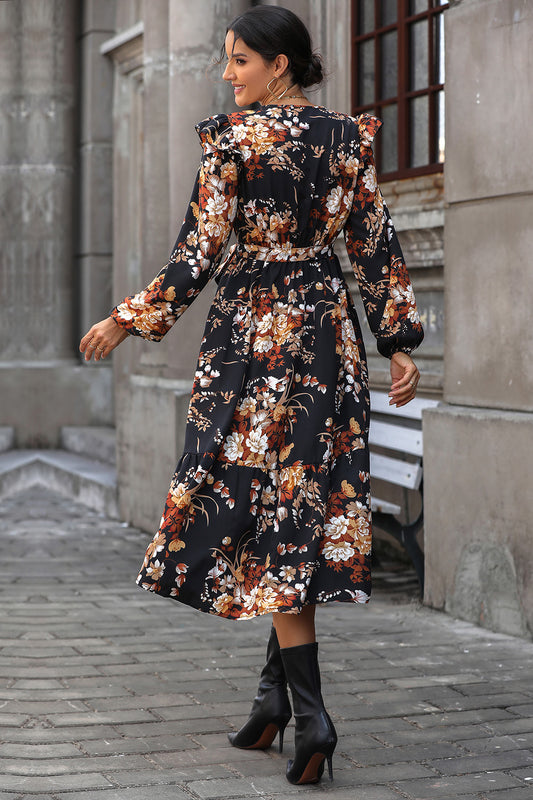 Perfee-Floral Ruffle Midi Dress