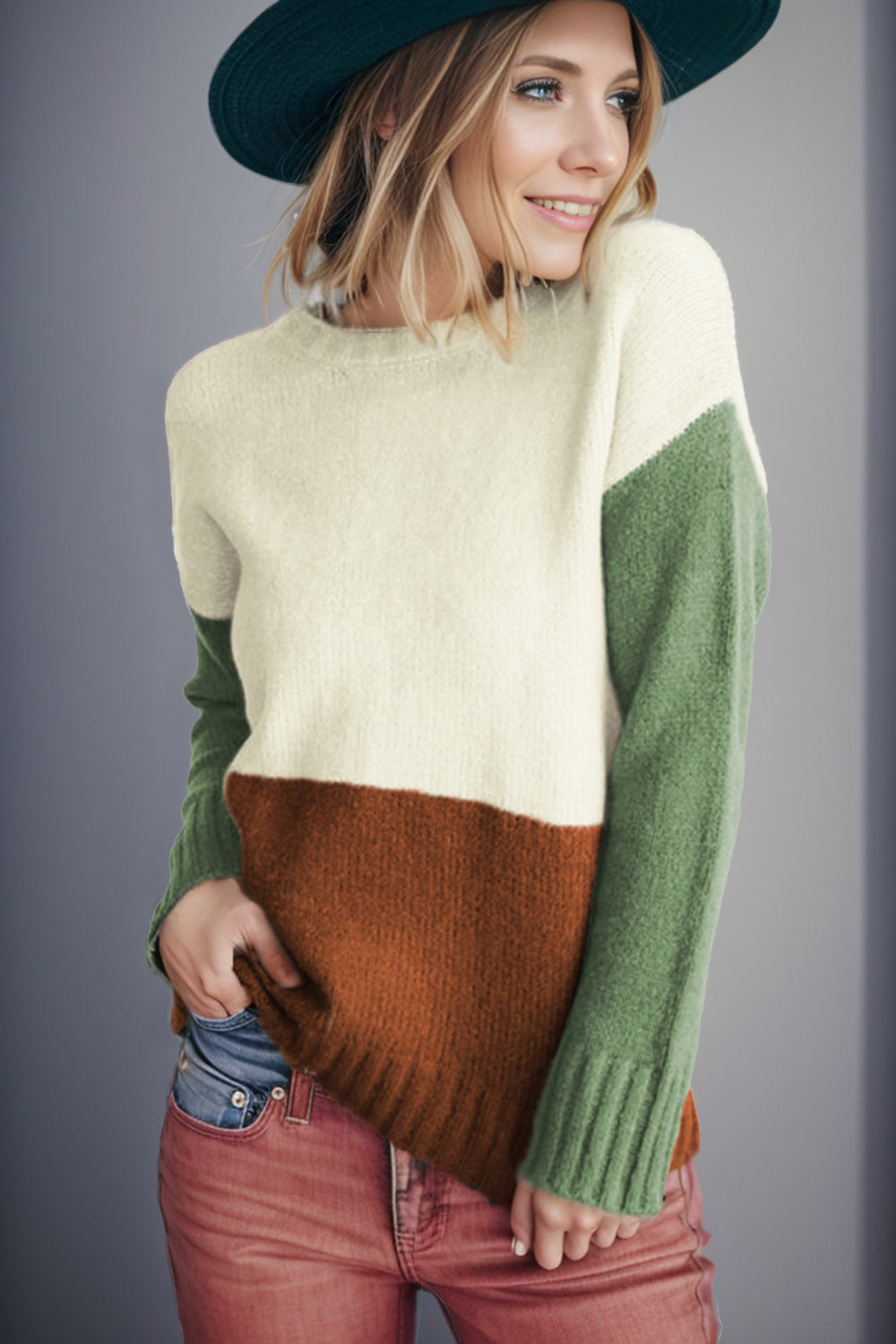 Color Block Round Neck Sweater