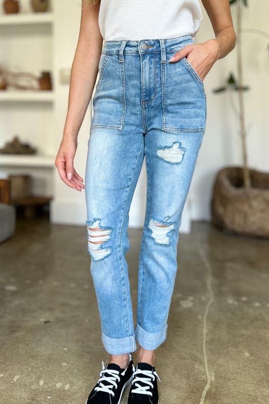 Judy Blue-Distressed Straight Jeans with Patch Pockets