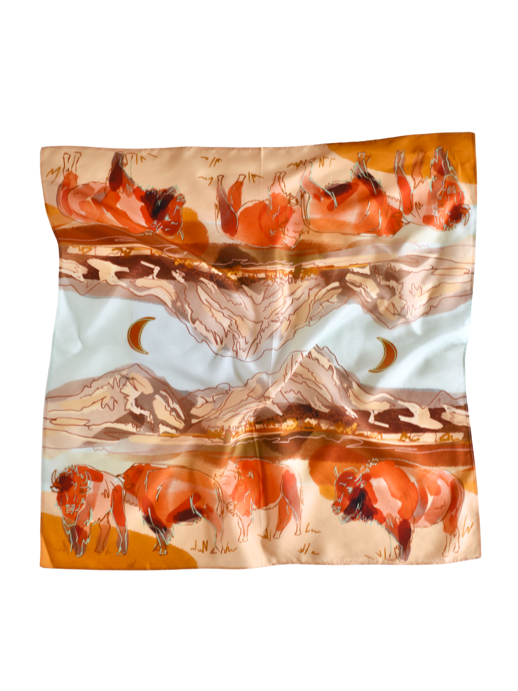 Bison and Mountain Range Western Buffalo Silk Wild Rag Scarf