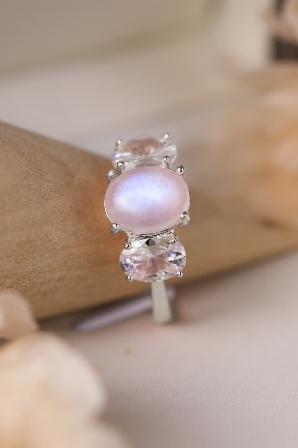 Natural Moonstone Sterling Three Stone Ring