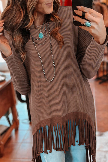 Waffle Knit Fringed High Low Top