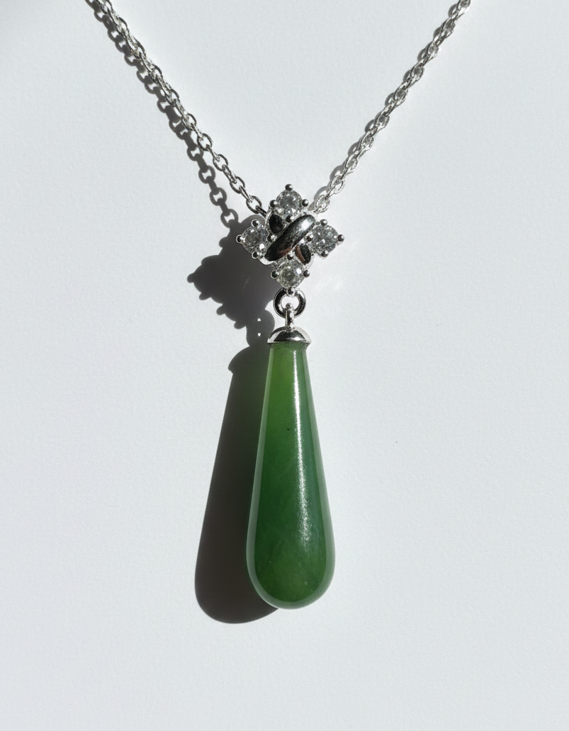 Canadian Nephrite Green Jade and Silver Drop Pendant - 5861