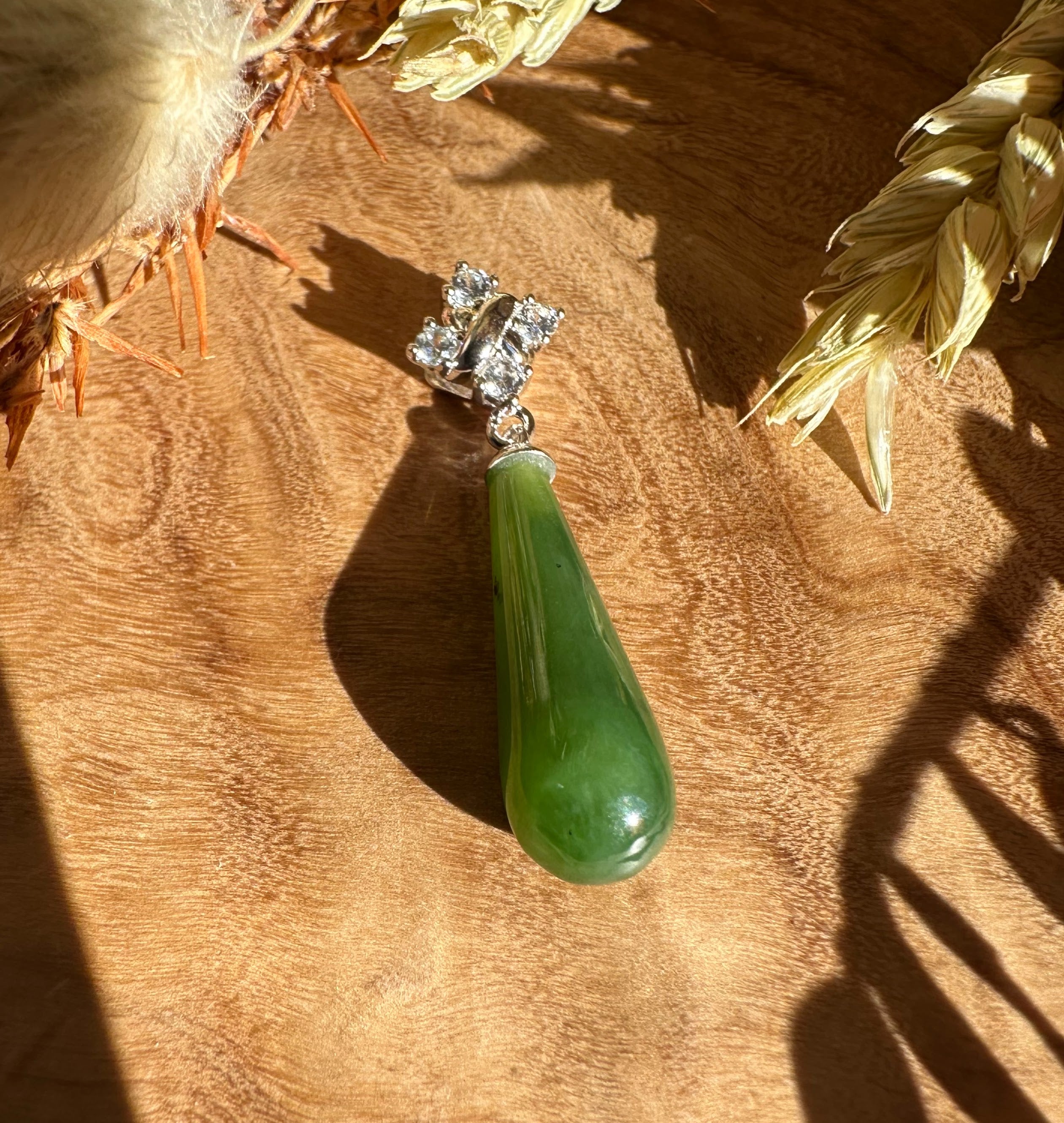 Canadian Nephrite Green Jade and Silver Drop Pendant - 5861