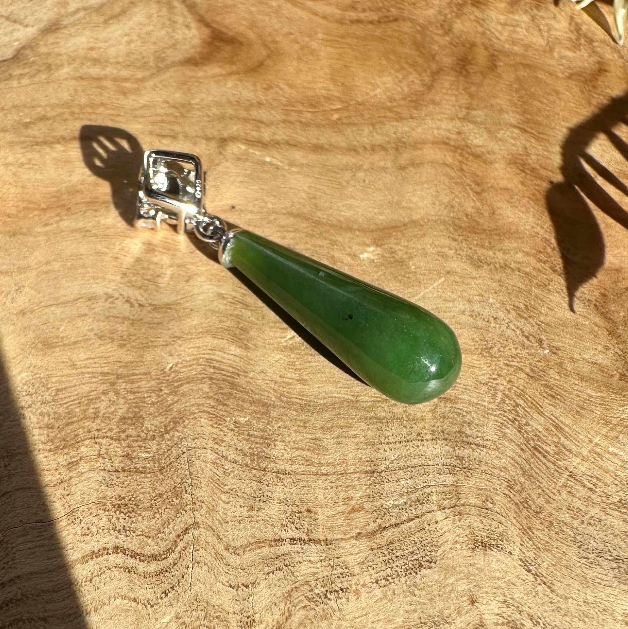 Canadian Nephrite Green Jade and Silver Drop Pendant - 5861
