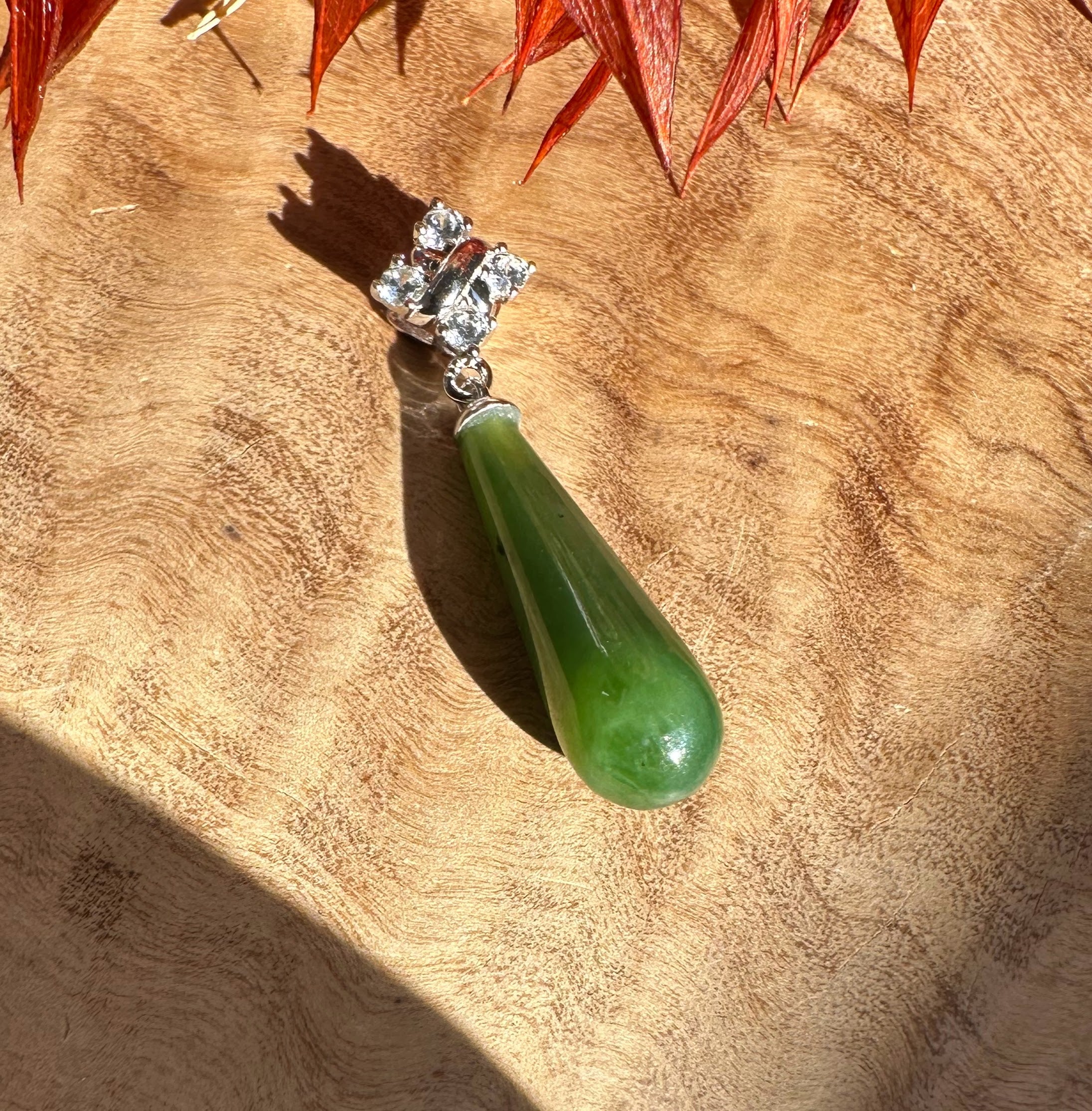 Canadian Nephrite Green Jade and Silver Drop Pendant - 5861