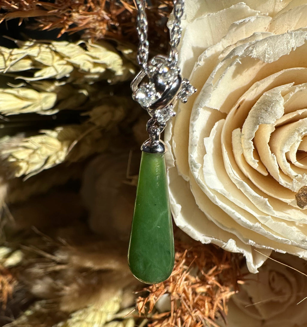 Canadian Nephrite Green Jade and Silver Drop Pendant - 5861