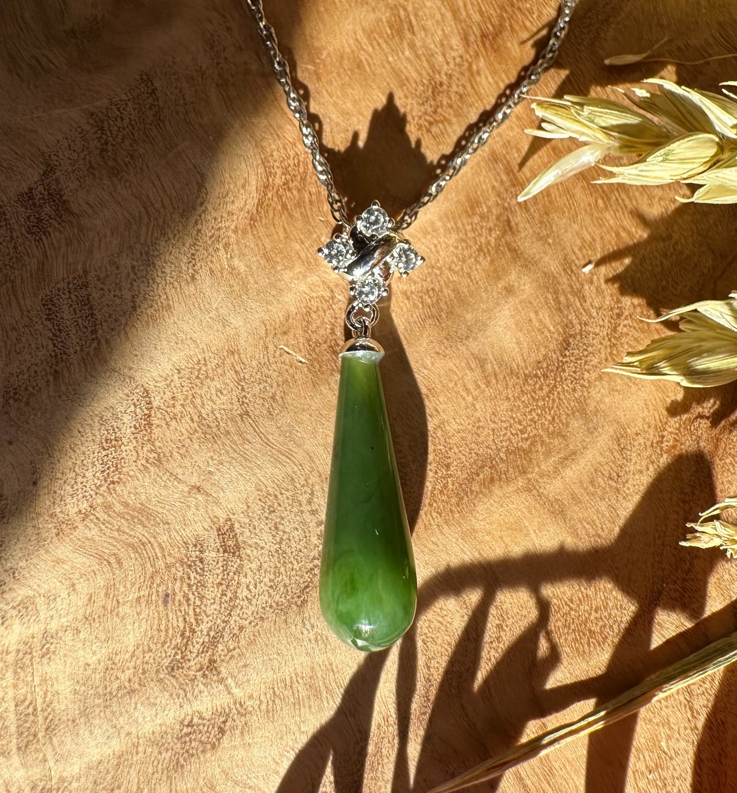 Canadian Nephrite Green Jade and Silver Drop Pendant - 5861
