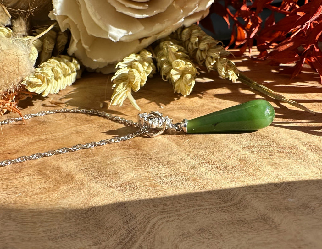 Canadian Nephrite Green Jade and Silver Drop Pendant - 5861