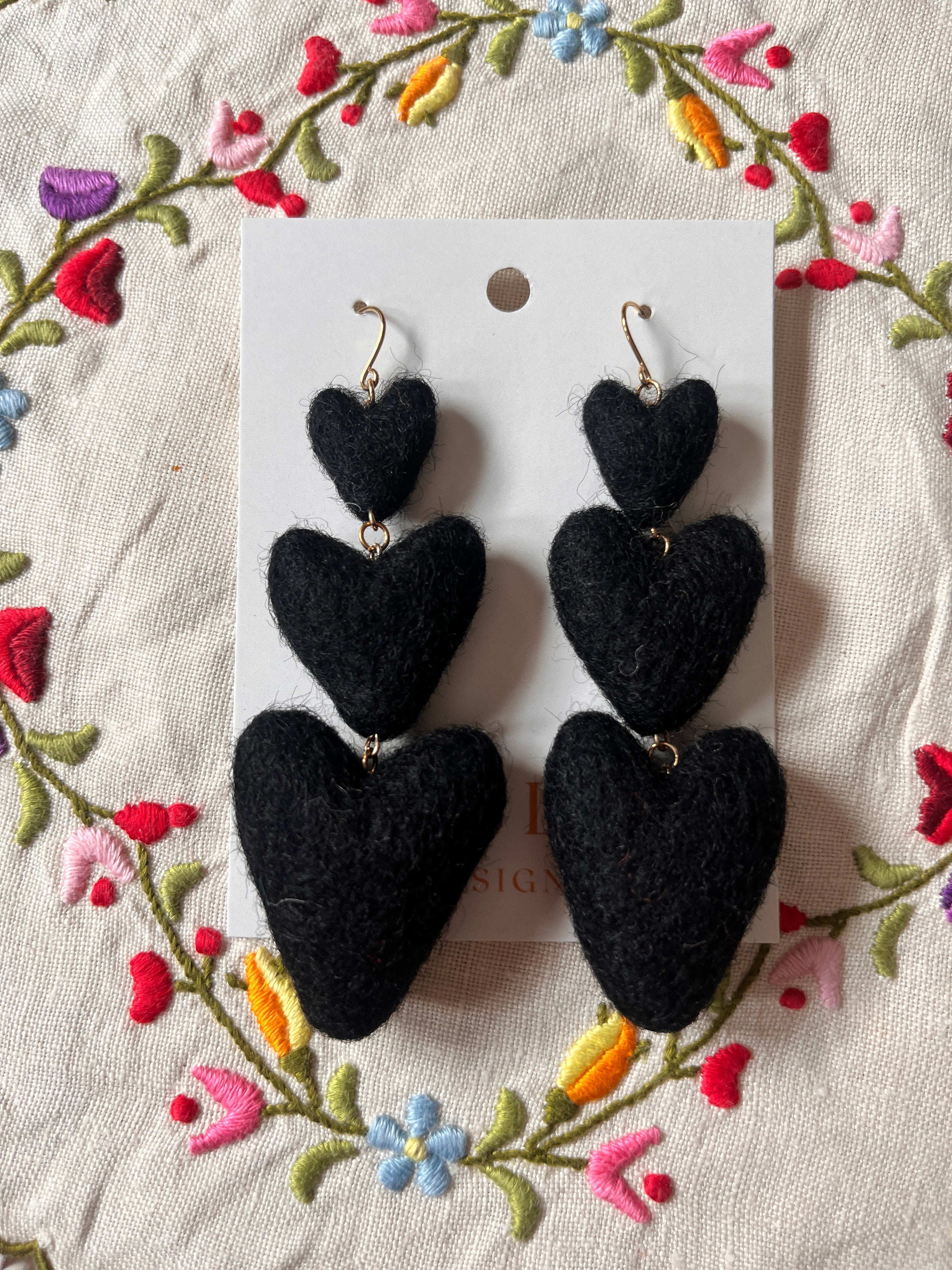 Three Tiered Heart Felt Dangle Earrings