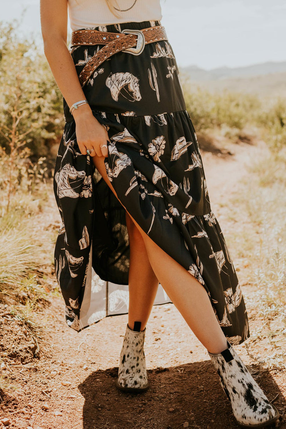 Horse Print Ruffled Maxi Skirt