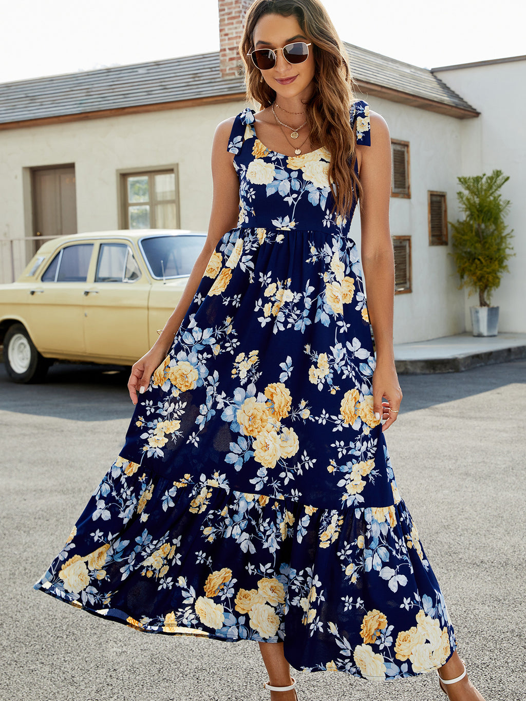 Blue Dreams Floral Tie-Shoulder Sleeveless Dress