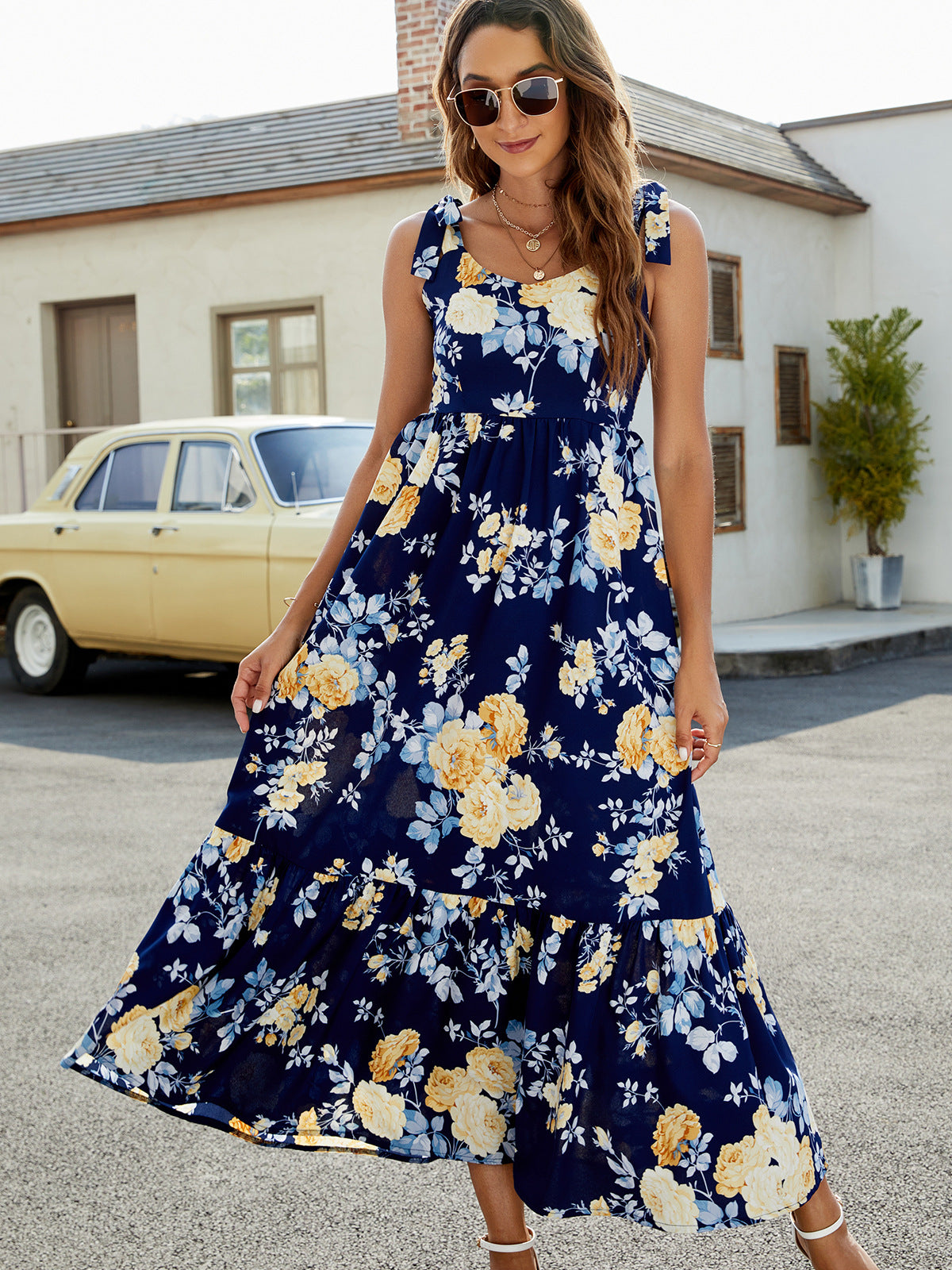Blue Dreams Floral Tie-Shoulder Sleeveless Dress