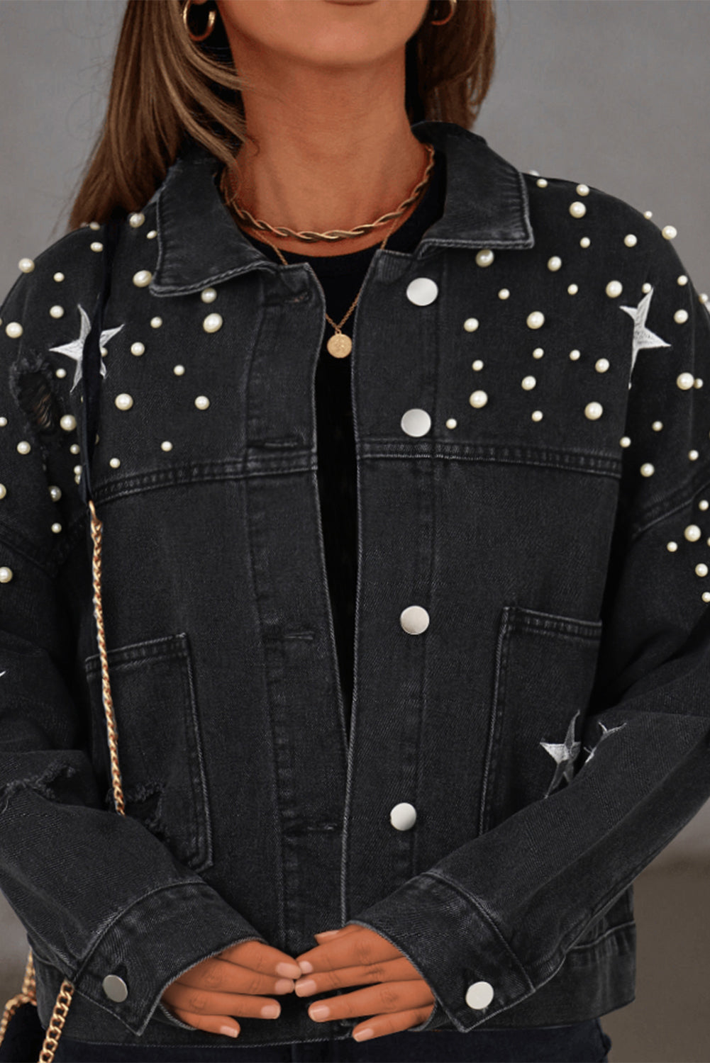 Distressed Pearls Crop Denim Jacket