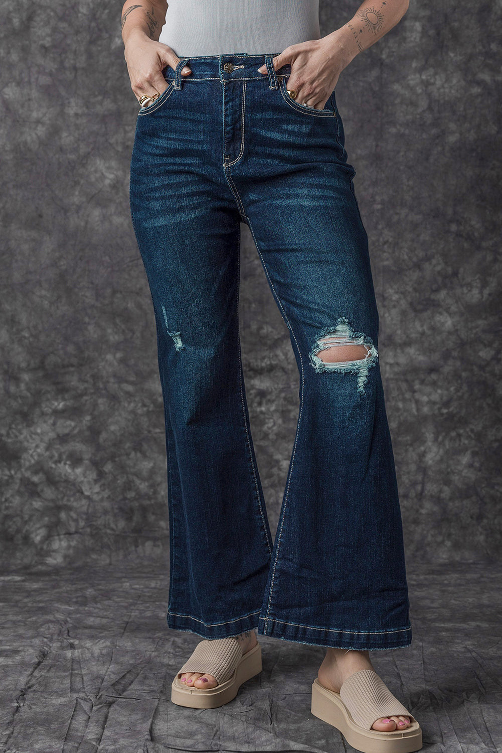 Real Teal-Distressed Bell Bottom Jeans