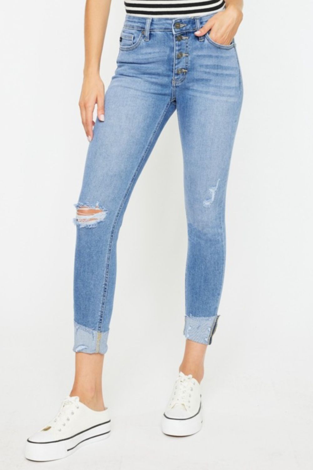 Kancan-Distressed Cat's Whiskers Button Fly Jeans