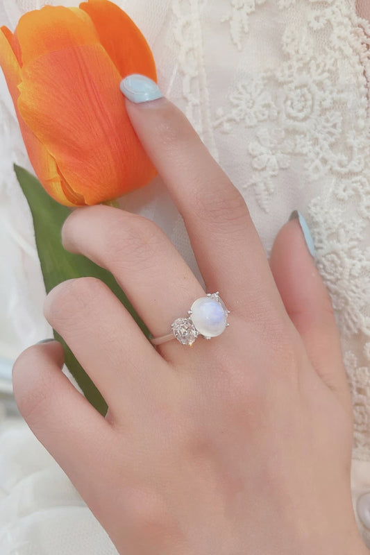 Natural Moonstone Sterling Three Stone Ring