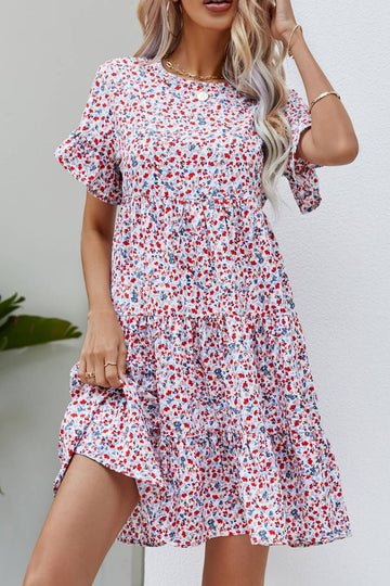 Ditsy Flounce Sleeve Tiered Dress