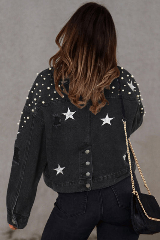 Distressed Pearls Crop Denim Jacket