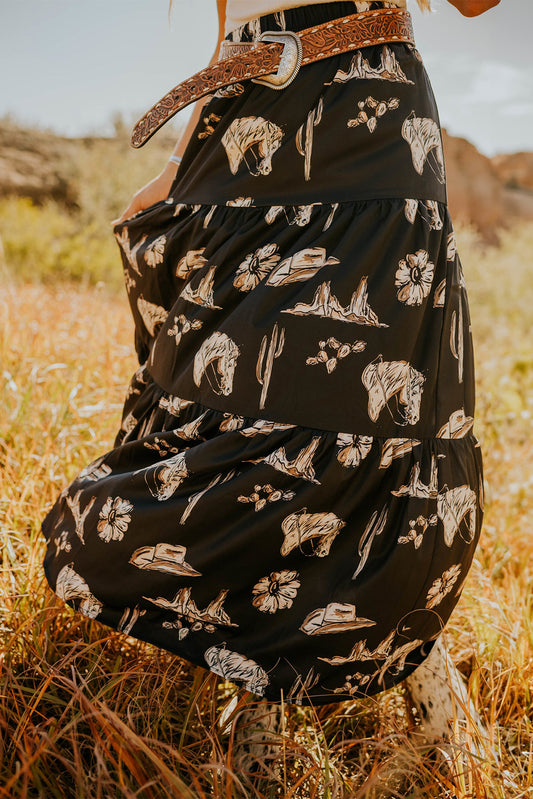 Horse Print Ruffled Maxi Skirt