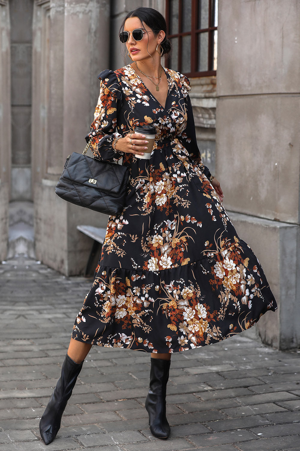 Perfee-Floral Ruffle Midi Dress