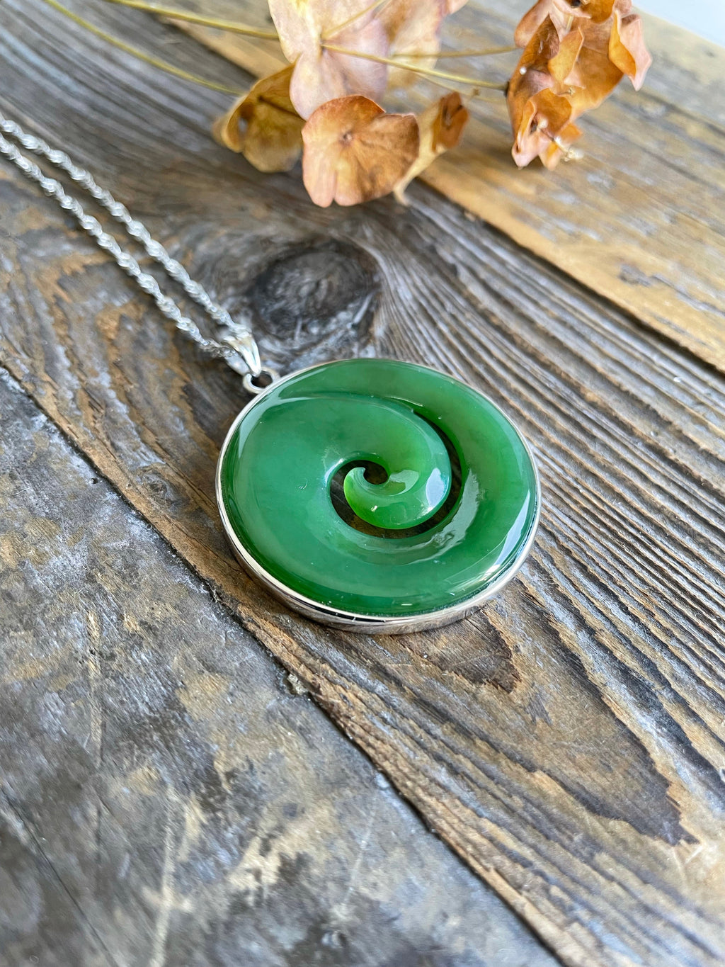 Jade Koru and Sterling Silver Pendant, 32.5mm